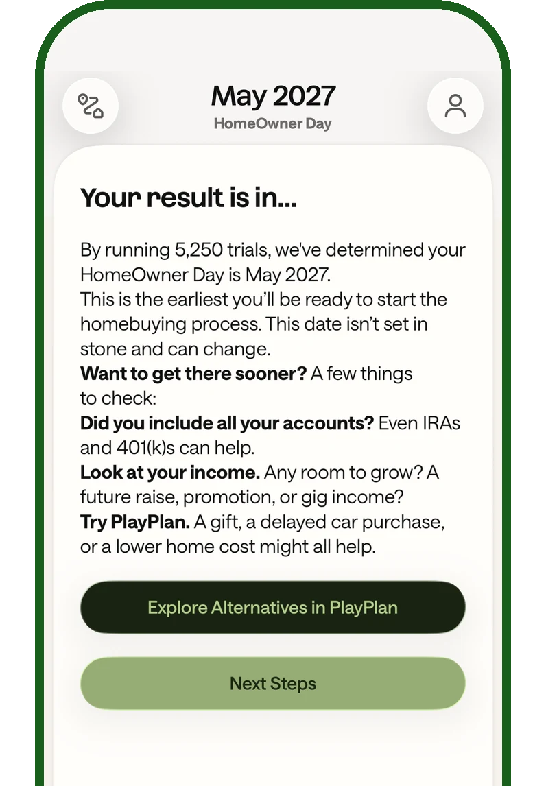 The Wyz app announcing a HomeOwner Day of May 2027 after running 5,250 trials, explaining it is the earliest the plan is ready to start the homebuying process.