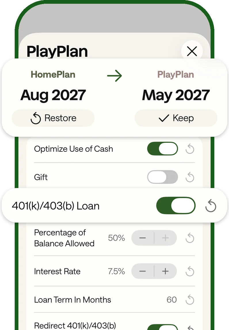 The Wyz app&rsquo;s PlayPlan screen moving a HomeOwner Day from Aug 2027 to May 2027, with strategy toggles for optimizing cash, gifts, and a 401(k)/403(b) loan.
