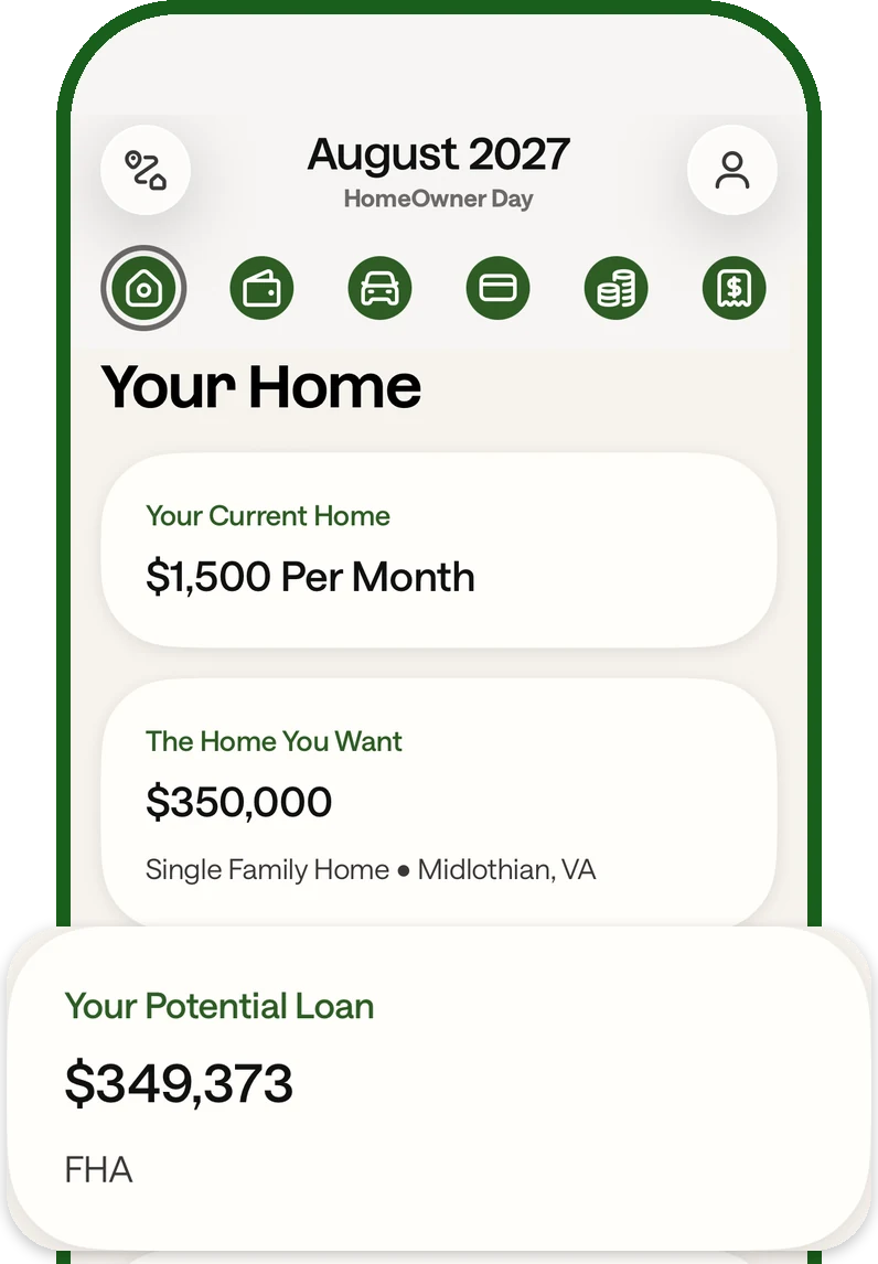 The Wyz app showing a home plan for an August 2027 HomeOwner Day: a current home at $1,500 per month, a $350,000 single family home in Midlothian, VA, and a potential $349,373 FHA loan.